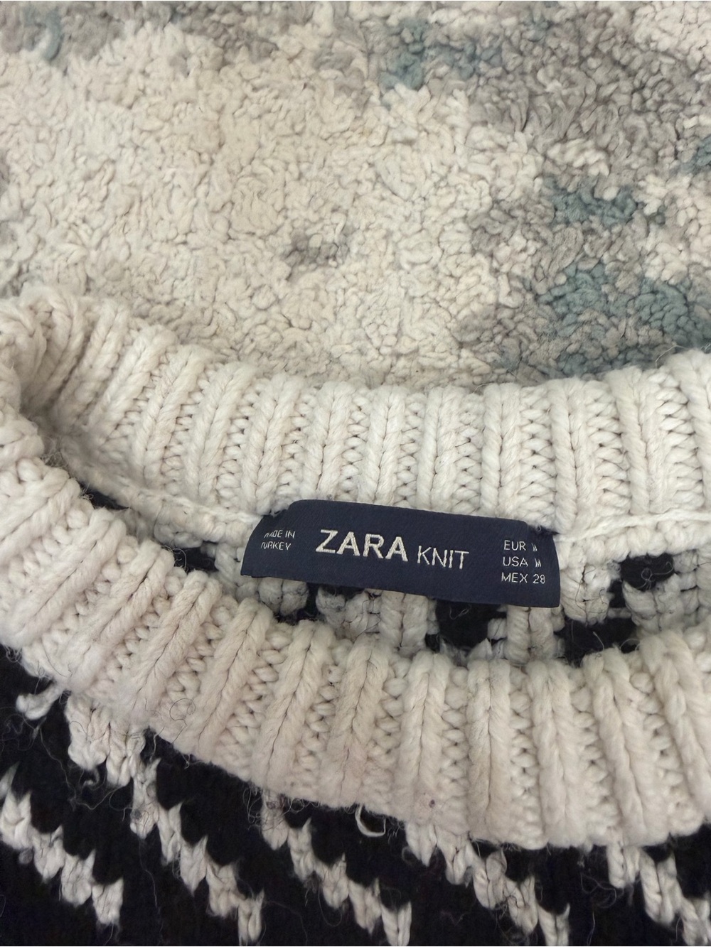 Zara Knit Chunky Fair Isle Cropped Sweater Cream Black Size Medium - Picture 4 of 5